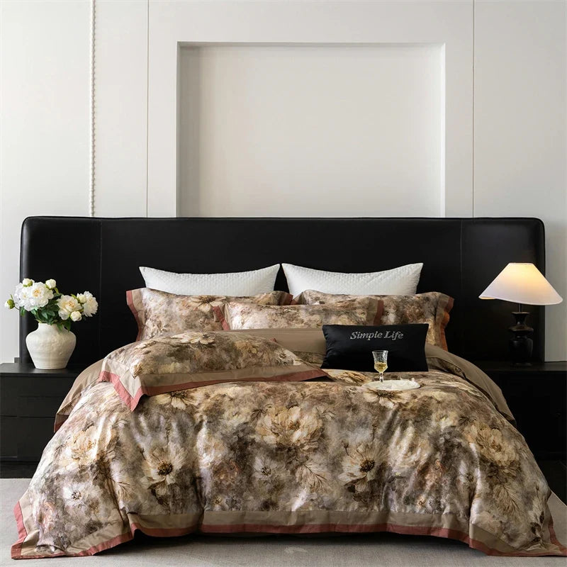 Premium 1000TC Egyptian Cotton Flowers Prints Oil Painting Style Bedding Set