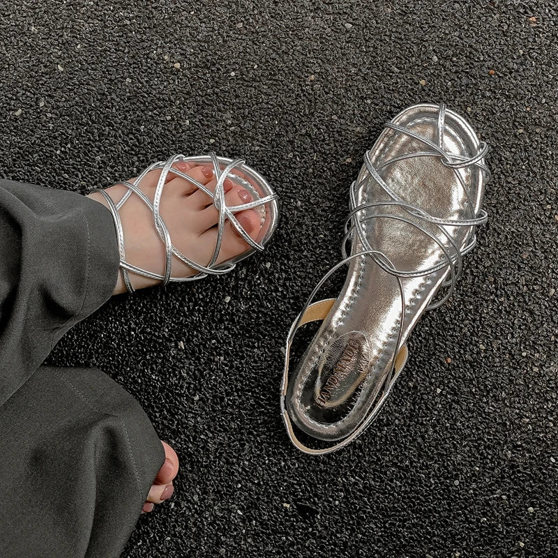 leather cowhide elastic band round toe low Heel