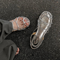 leather cowhide elastic band round toe low Heel