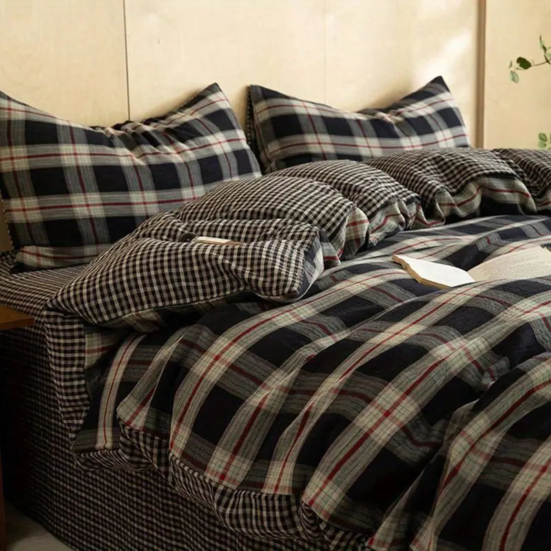 Ins Pink Plaid Bedding Set
