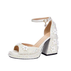 European and American Nightclub Princess Flower Buckle Pearl Thick Bottom Fish Mouth Open Toe Large Heel
