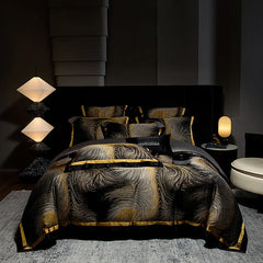 4Pcs Luxury Black Gold Brocade Jacquard Egyptian Cotton Patchwork Bedding Set