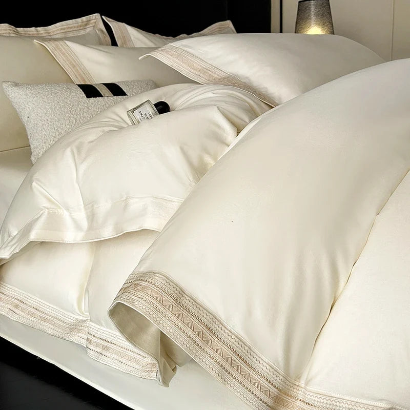 600TC Egyptian Cotton Embroidery Wide Edge Luxury Solid Color Bedding Set