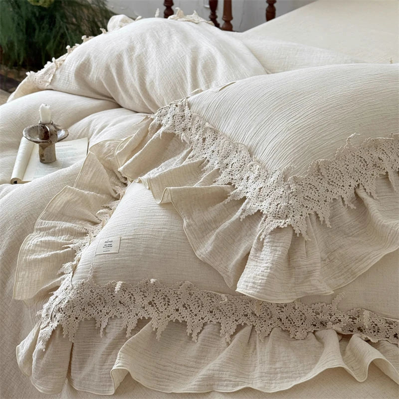 20% Linen And 80% Cotton Hollow Lace Ruffles Vintage French Bedding Set