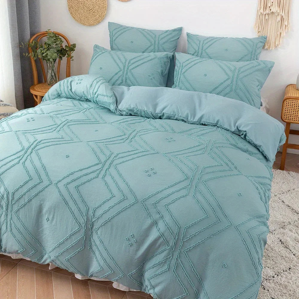 Bohemian Grid Tufted Duvet Cover Set All Season Comfortable Soft Comforter Cover Solid Geometric Texture Bedding Set