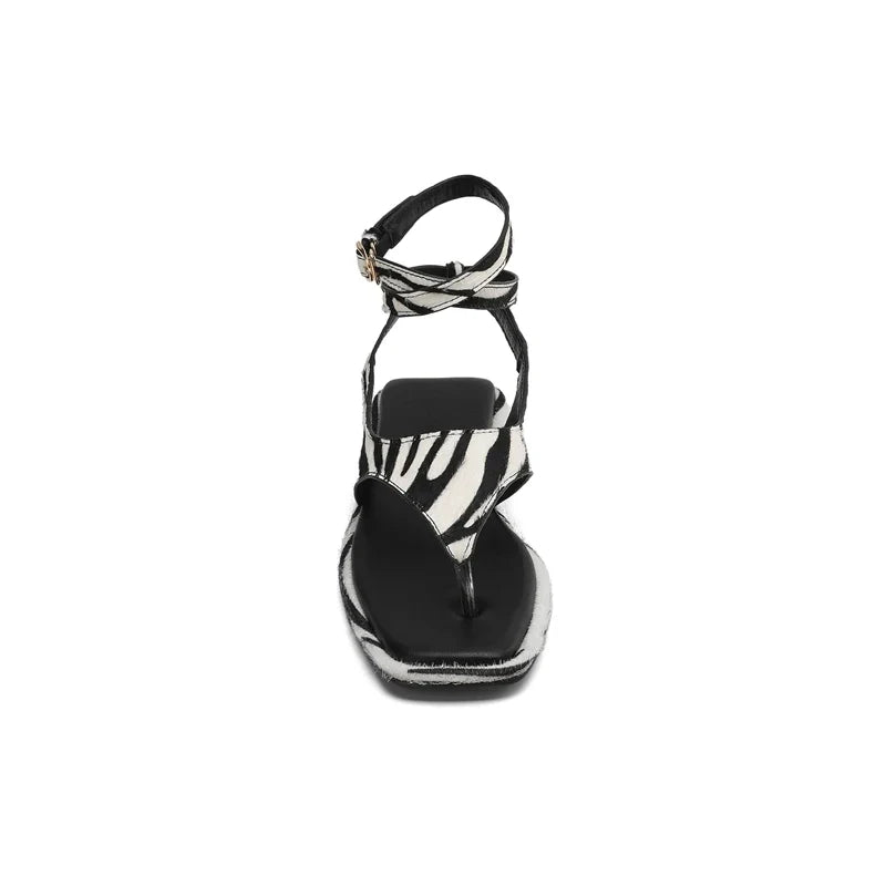zebra print horsehair clip toe loose buckle flat bottom low Heel