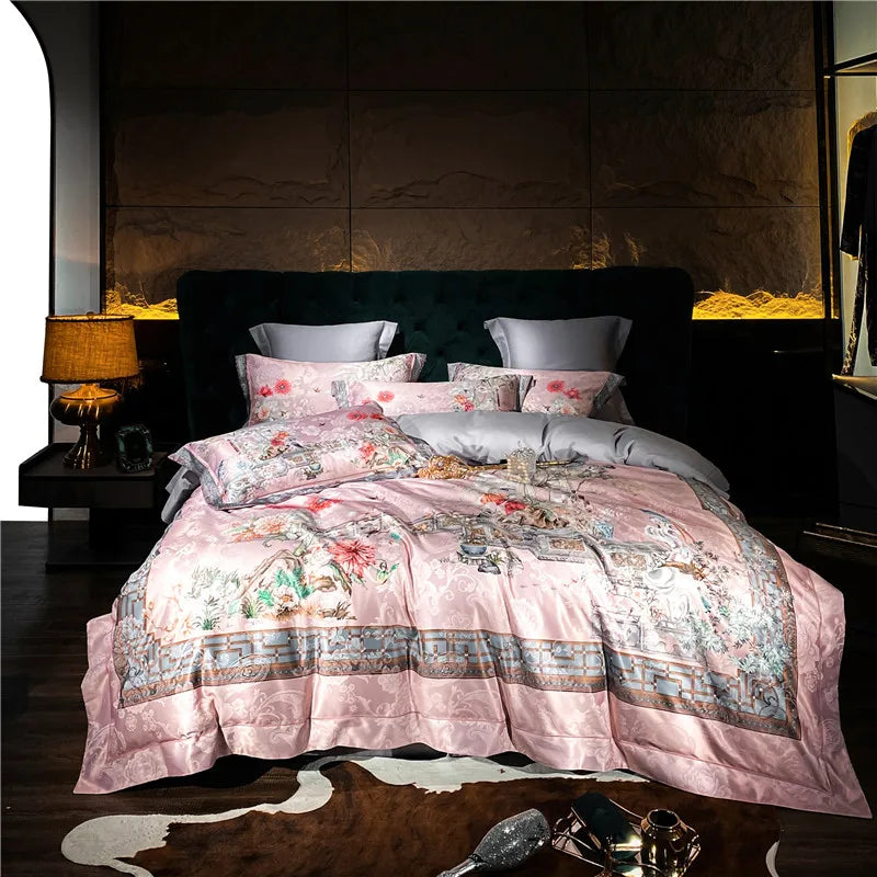 Luxury American Satin Jacquard Cotton Flowers Bird Bedding Set