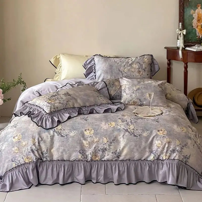Premium 1000TC Egyptian Cotton Flowers Print Ruffles Princess Bedding Set