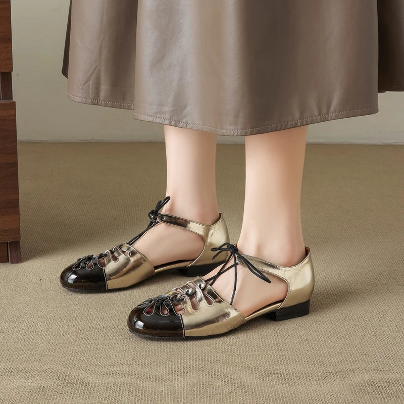 leather cowhide lace up low Heel