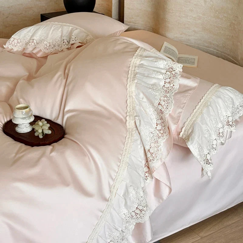 600TC Egyptian Cotton Romantic Lace Ruffles Princess Bedding Set