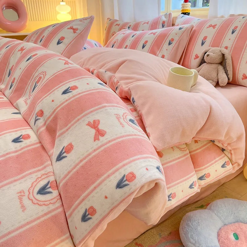 Cute Cartoon Winter Warm Quilt Cover Set Queen Bedding Set