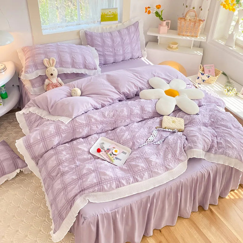 Korean Seersucker Duvet Cover Set with Pillowcases Flat Sheet Adults Kids Twin Full Queen Size Bedding Set