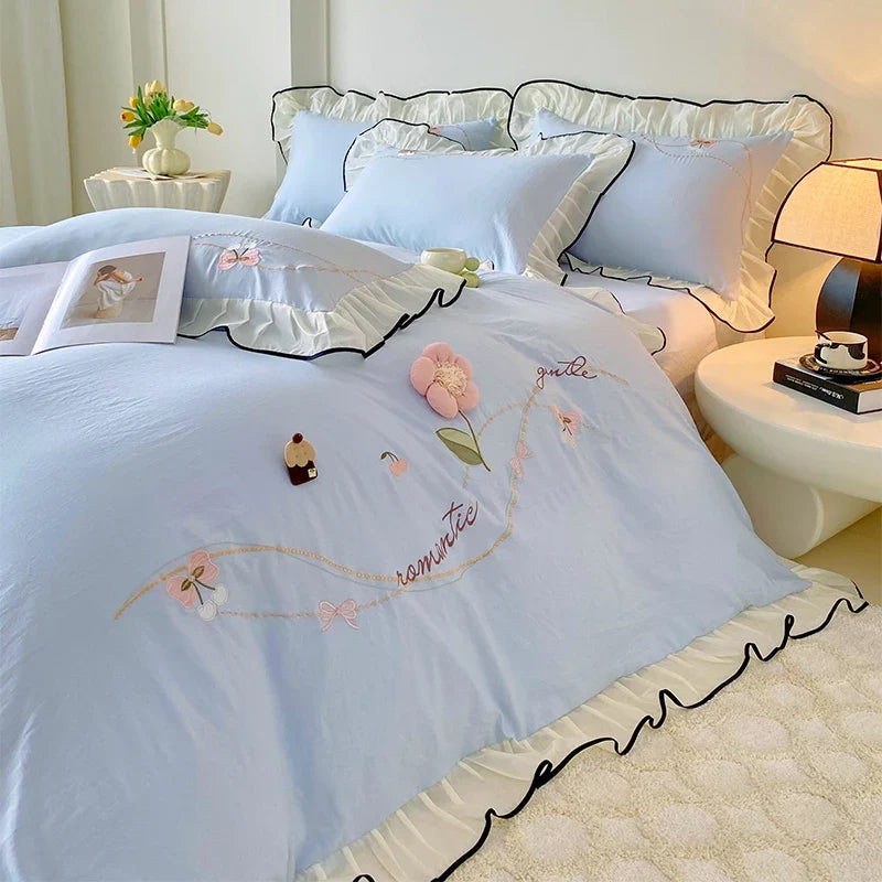 3/4Pcs Korean Princess Style Washed Cotton Three-Dimensional Flower Embroidery Lace Pink Beddings Sets Full Ruffle Duvet Cover