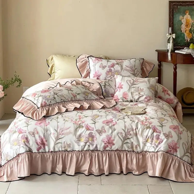 Premium 1000TC Egyptian Cotton Flowers Print Ruffles Princess Bedding Set