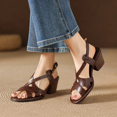 leather cowhide round toe thick Heel