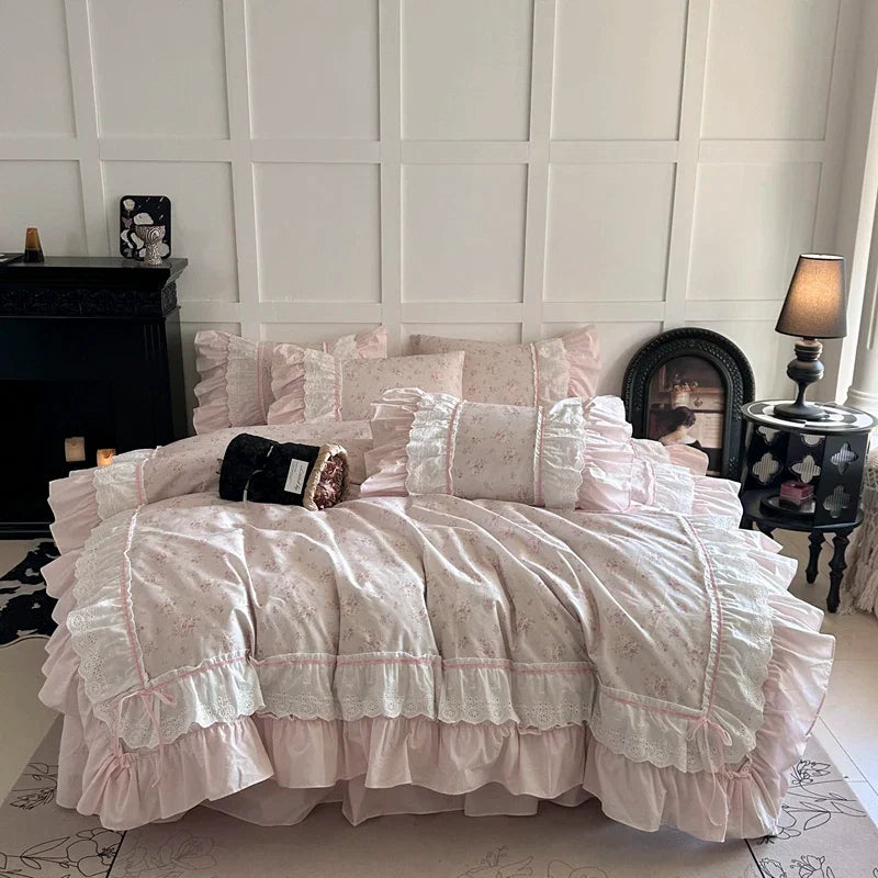 Pink Floral Double Layer Lace Ruffles 100% Cotton Bedding Set