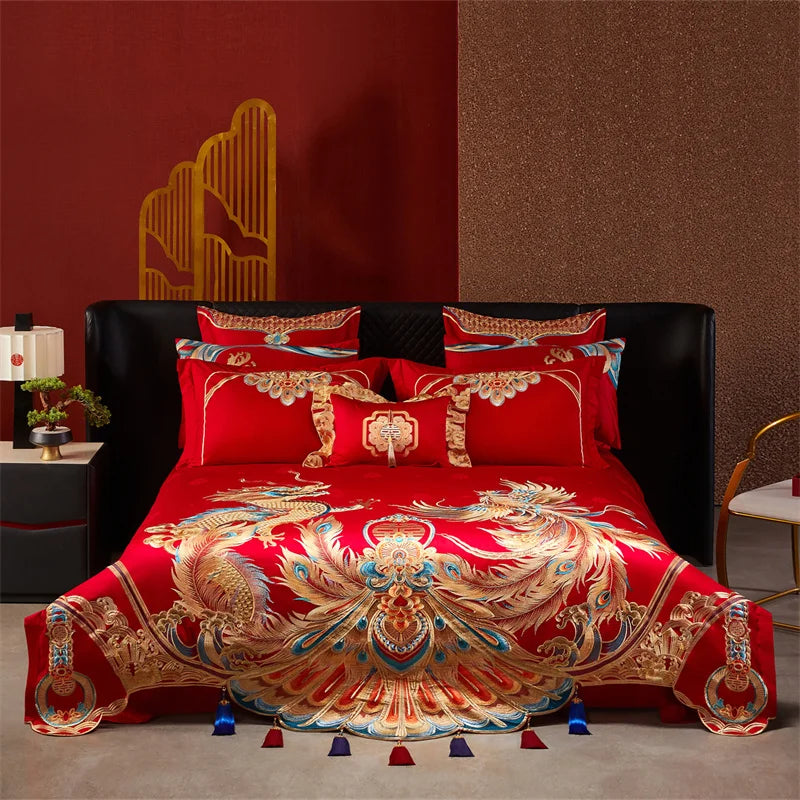 Chinese Style Wedding Gold Dragon Phoenix Embroidery 100S Egyptian Cotton Bedding Set