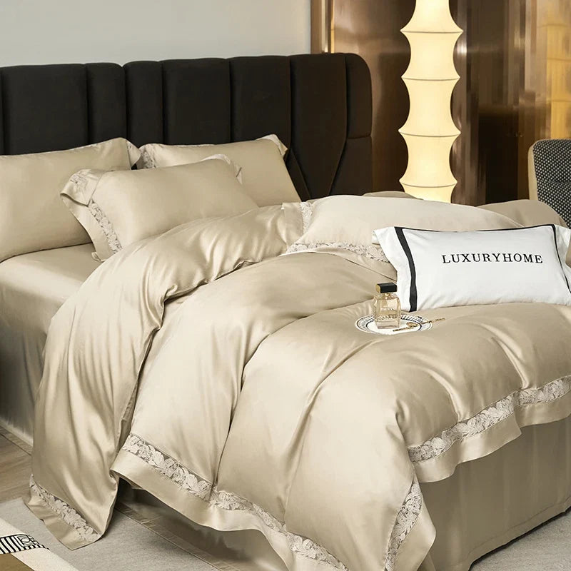 Premium 1000TC Lyocell Cotton Flowers Hollow Lace Wide Edge Embroidery Bedding Set