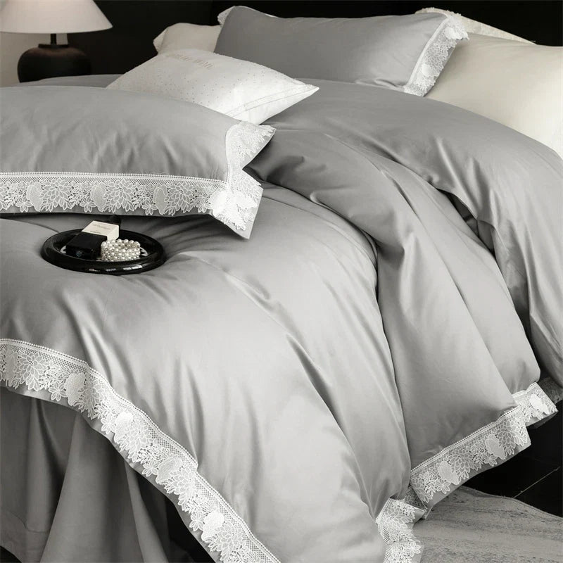Premium 1000TC Egyptian Cotton Flowers Lace Wide Edge Luxury Bedding Set