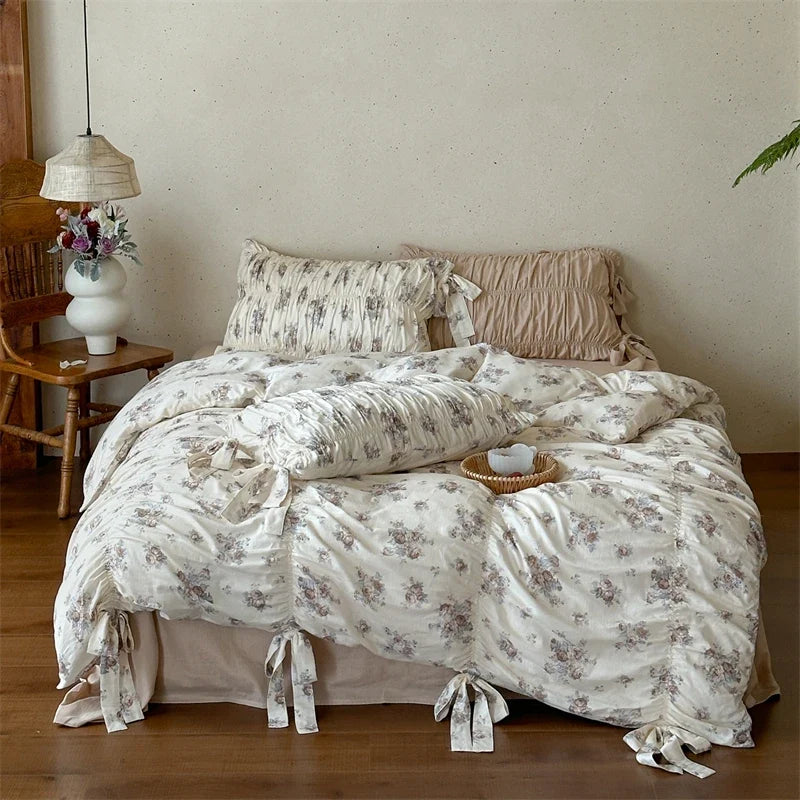 French Country Vintage Floral 100% Cotton Bedding Set, Ruched Bow Tie Duvet Cover, Shabby Chic Ruffle Bed Linen with Pillowcases