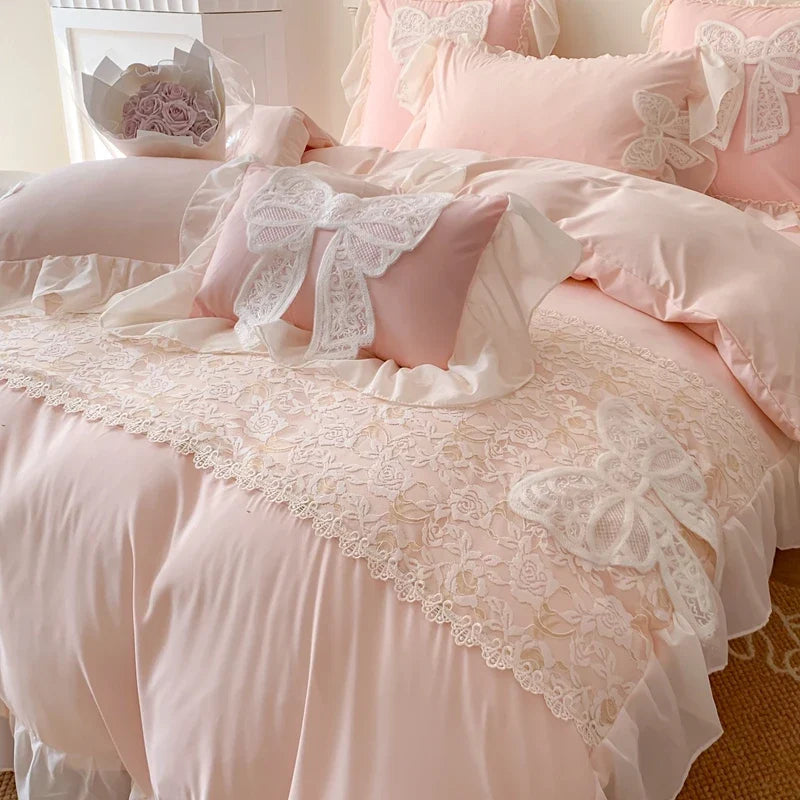 3/4Pcs Korean Princess-Style Bow Lace Ruffle Green Bedding Set