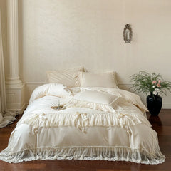 100% Cotton Vintage French Lace Ruffles Bow Princess Wedding Bedding Set