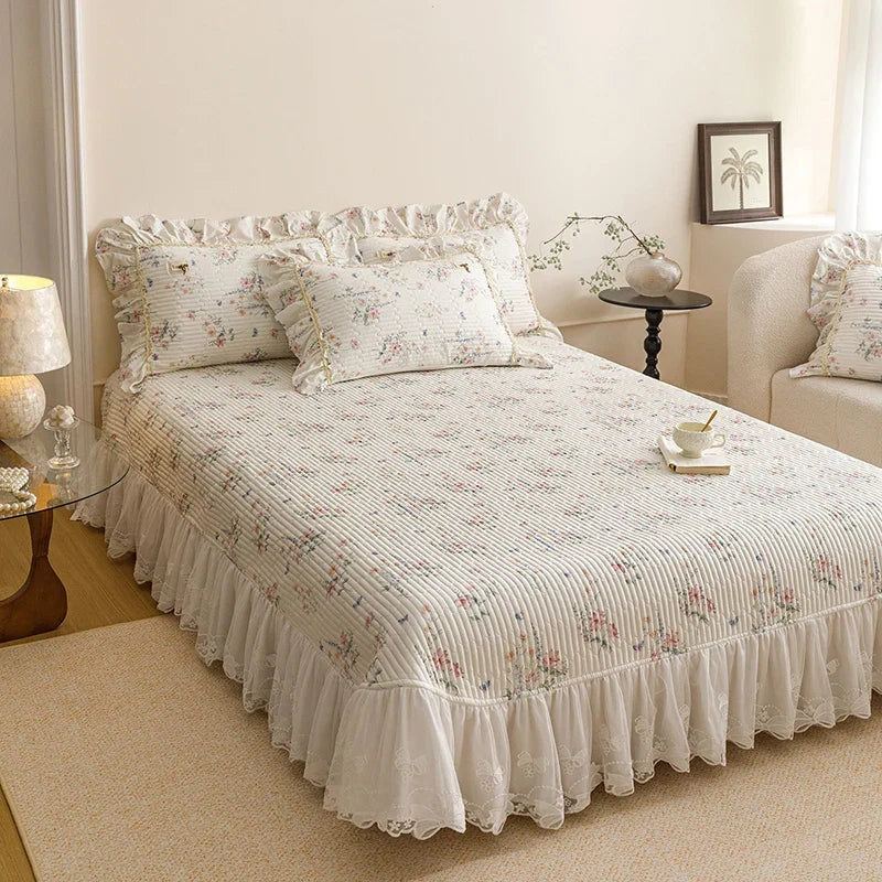 100% Cotton Korean Style Floral Lace Ruffles Princess Bedding Set