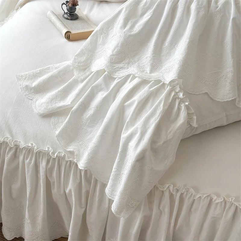 100% Cotton White Pleated Ruffles Princess Wedding Bedding Set
