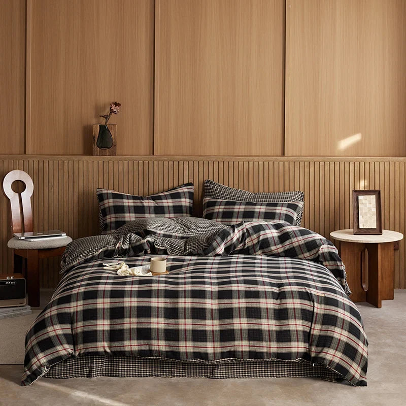 4/6Pcs Black and White Plaid Stripe 100% Cotton Bedding Set