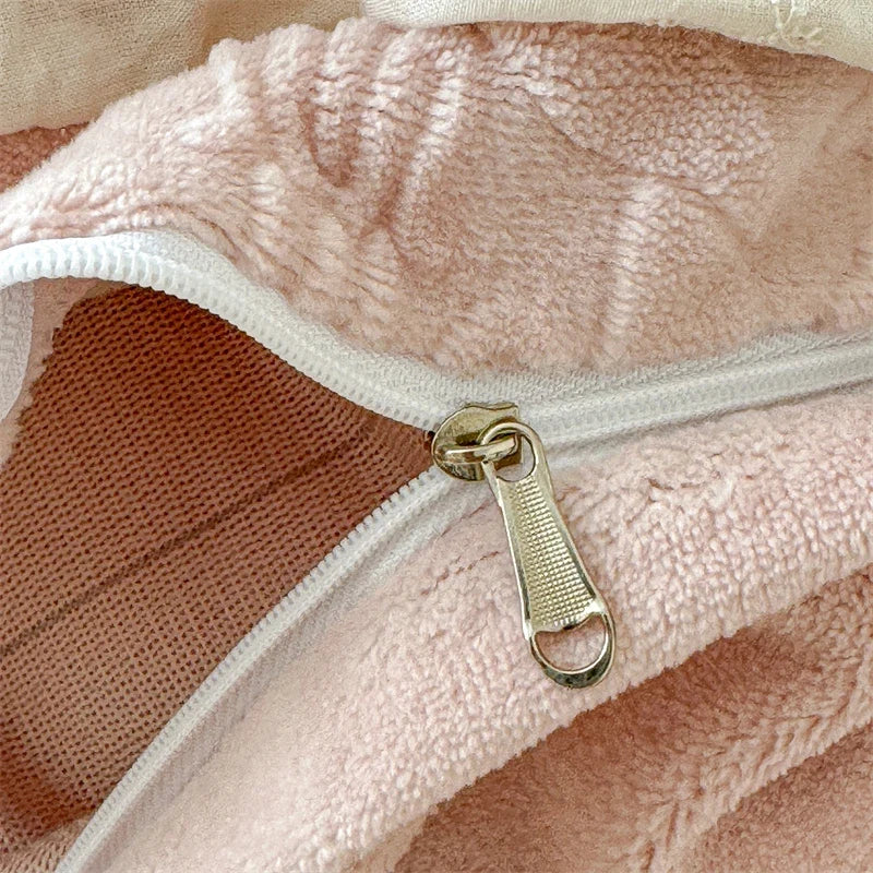 Vintage French Carved Velvet Lace Ruffles Luxury Warm Winter Pink Bedding Set