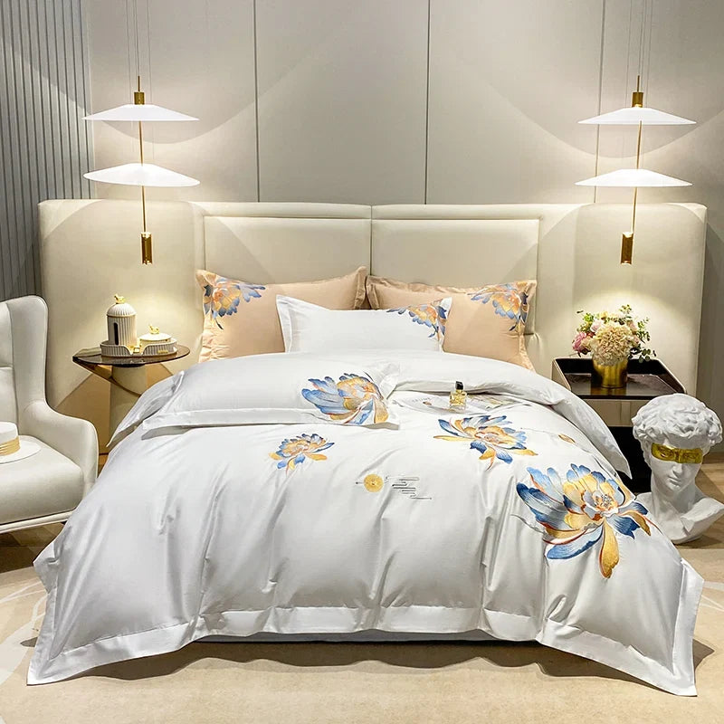 Luxury 1000TC Egyptian Cotton 4Pcs Bedding Set, Flower Embroidery Soft Hotel Grade Duvet Cover & Sheet Set With Pillowcases