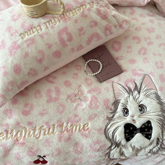 Pink Leopard Print Cute Cat Embroidery Velvet Warm Winter Bedding Set