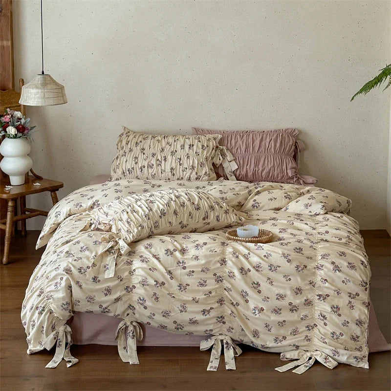 French Country Vintage Floral 100% Cotton Bedding Set, Ruched Bow Tie Duvet Cover, Shabby Chic Ruffle Bed Linen with Pillowcases
