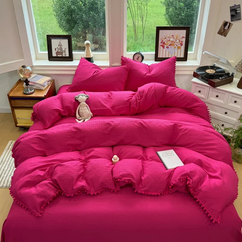 3/4Pcs Solid Color Round Ruffle Bedding Set
