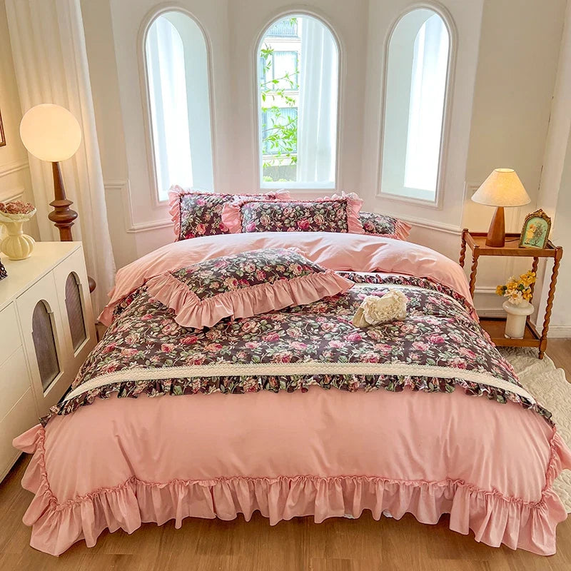 100% Cotton Floral Print Lace Princess Bedding Set
