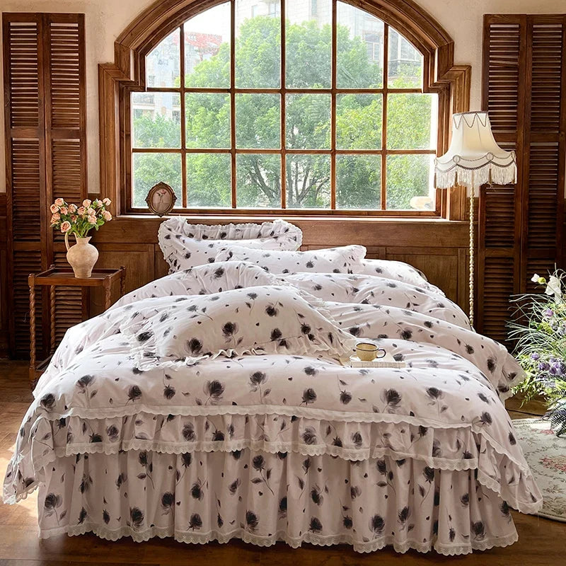 4/6Pcs  Korean Princess Style Rose Print Lace Ruffles Bedding Sets