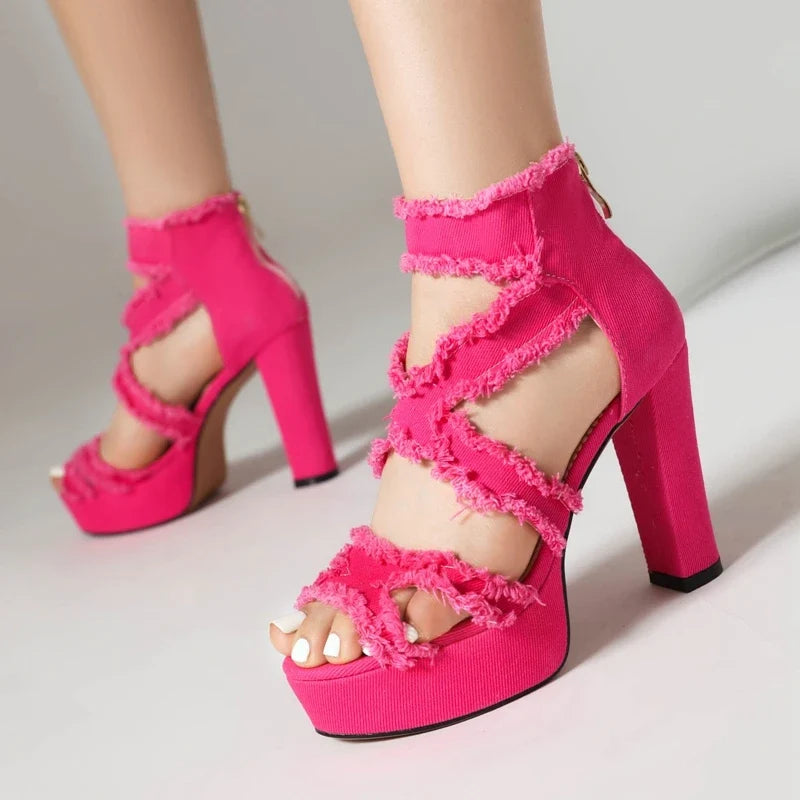 Waterproof Platform Thick Sole Open Toe Denim Back Zipper High Heel