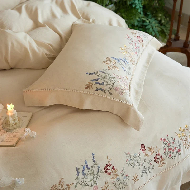 Natural Cotton Linen Vintage French Flowers Embroidery Luxury Bedding Set