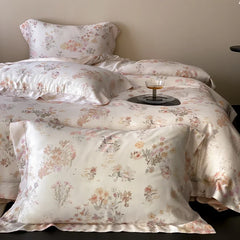 Luxury Lyocell Soft Silky Cooling Bedding Set, Watercolor Floral Print Duvet Cover Set, Bed Sheet/Fitted Sheet, Pillowcase, 4Pcs
