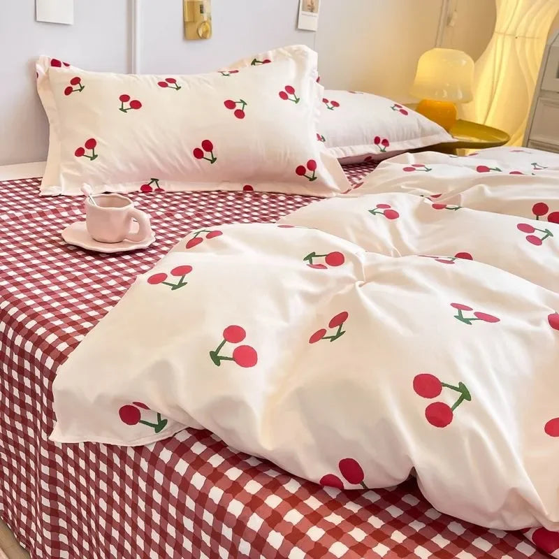Ins Style Duvet Cover Set with Flat Sheet Pillowcases Cute Orange Cherry Crow Printed Single Double Queen Size Girls Bedding Kit
