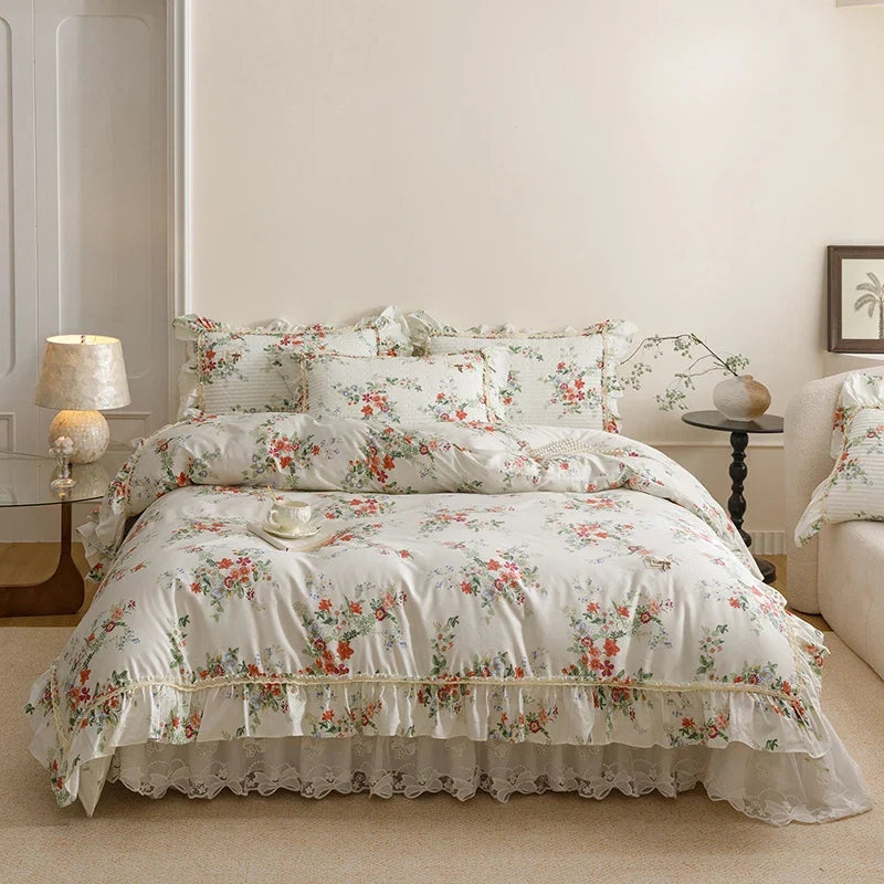 100% Cotton Korean Style Floral Lace Ruffles Princess Bedding Set