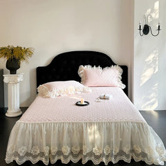 4Pcs Pink Romantic Lace Ruffles Princess Wedding Bedding Set