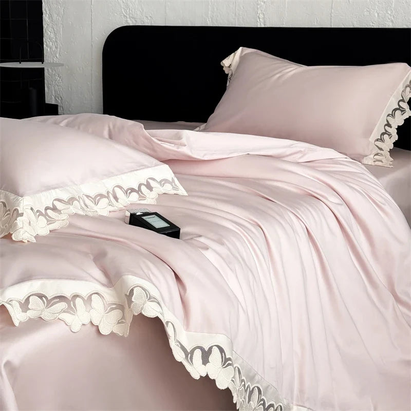 Butterfly Lace Wide Edge Pink Princess Wedding Bedding Set