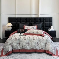 Luxury 600TC Egyptian Cotton Floral Bedding Set, Elegant Flower Duvet Cover Set with Contrast Border, Bed Sheet Pillowcases 4Pcs