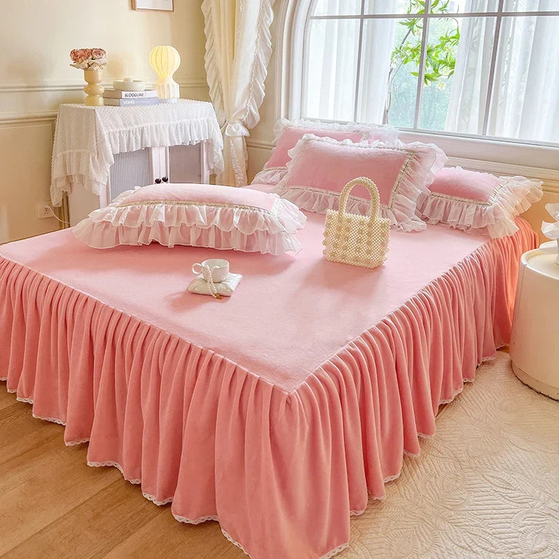 4Pcs Korean Princess Style Winter Thick Warm Milk Velvet Bedding Set