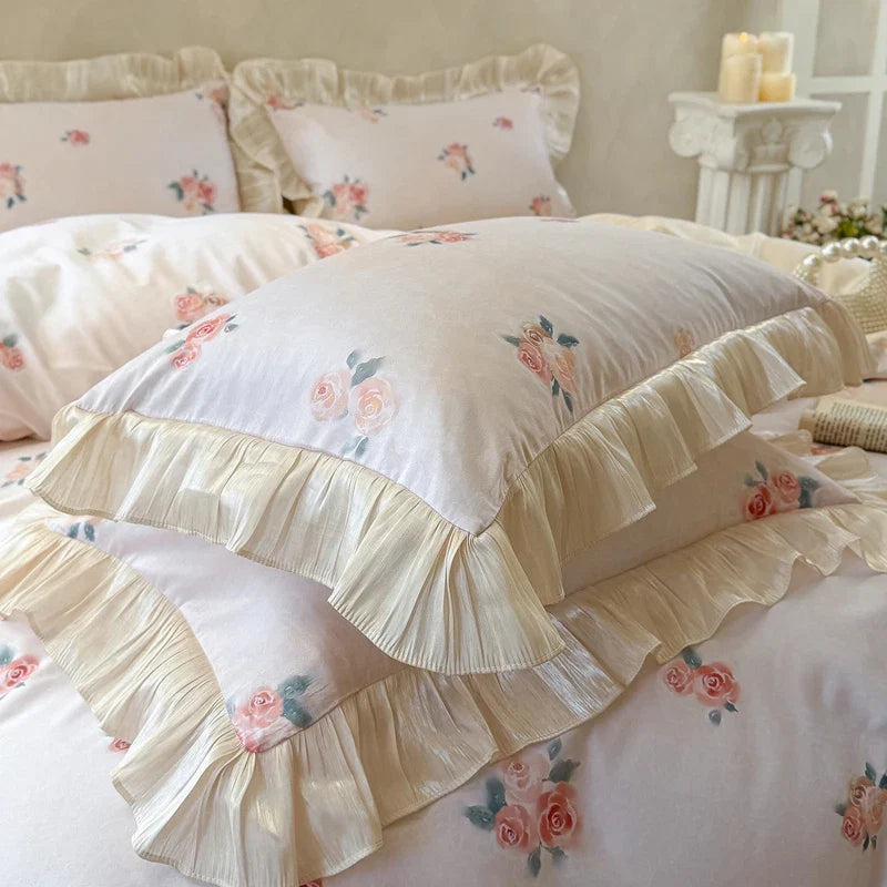 100% Cotton French Cottage Rose Print with Ruffle Trim Princess Bedding Set