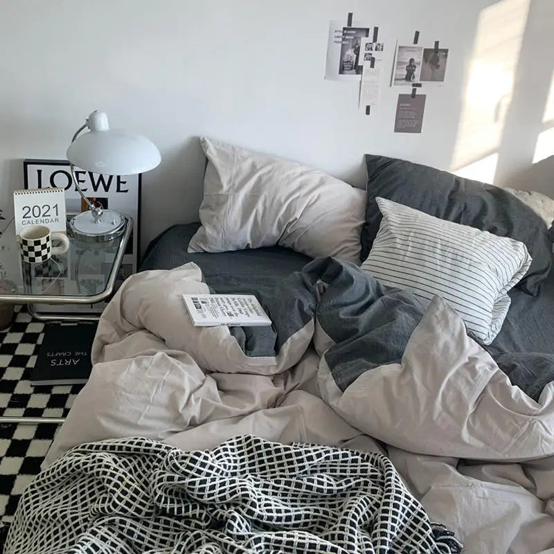 Solid Duvet Cover Set with Sheet Pillowcases Korean Comforter Cover Bed Linen Twin Full Queen Size Grid Home Bedding Set