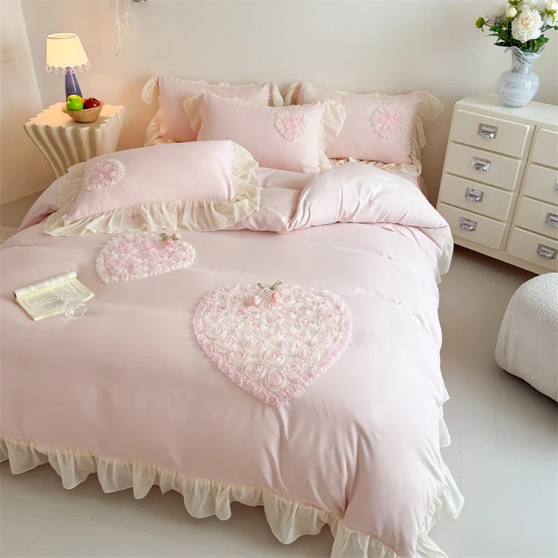 3/4Pcs French Princess Style Washed Cotton Embroidered Pink Rose Bed Skirt Fitted Sheet 200X230 Quilt Cover Bedding Set
