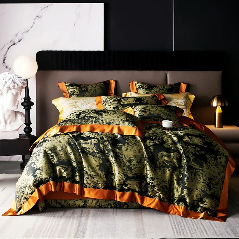 4/6Pcs Luxury Beige Gold Brocade Jacquard Egyptian Cotton Patchwork Bedding Set