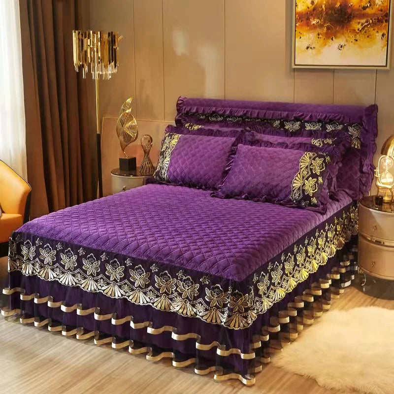 European Style Winter Lace Embroidery Bed Skirt Set High Quality Thickened Bed Cover Bedding Set